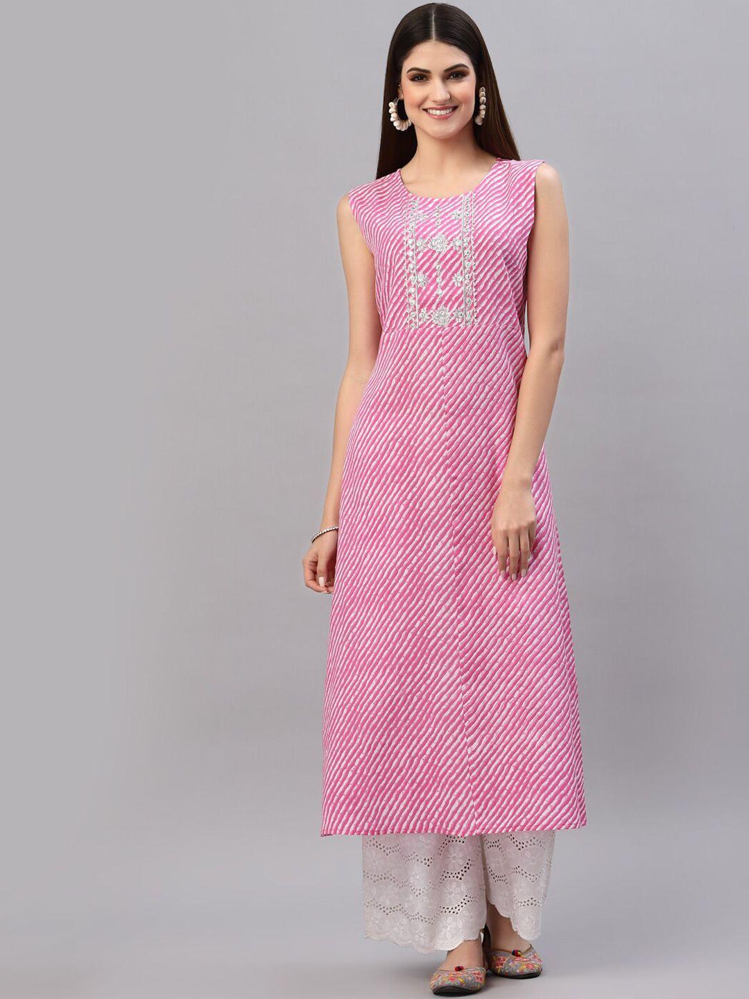 stylum women pink & white striped thread work kurta