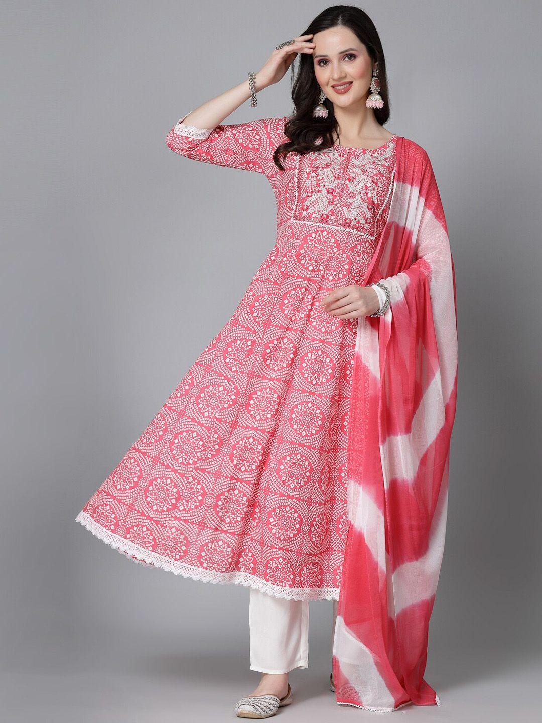 stylum women pink bandhani printed empire thread work kurta with trousers & with dupatta