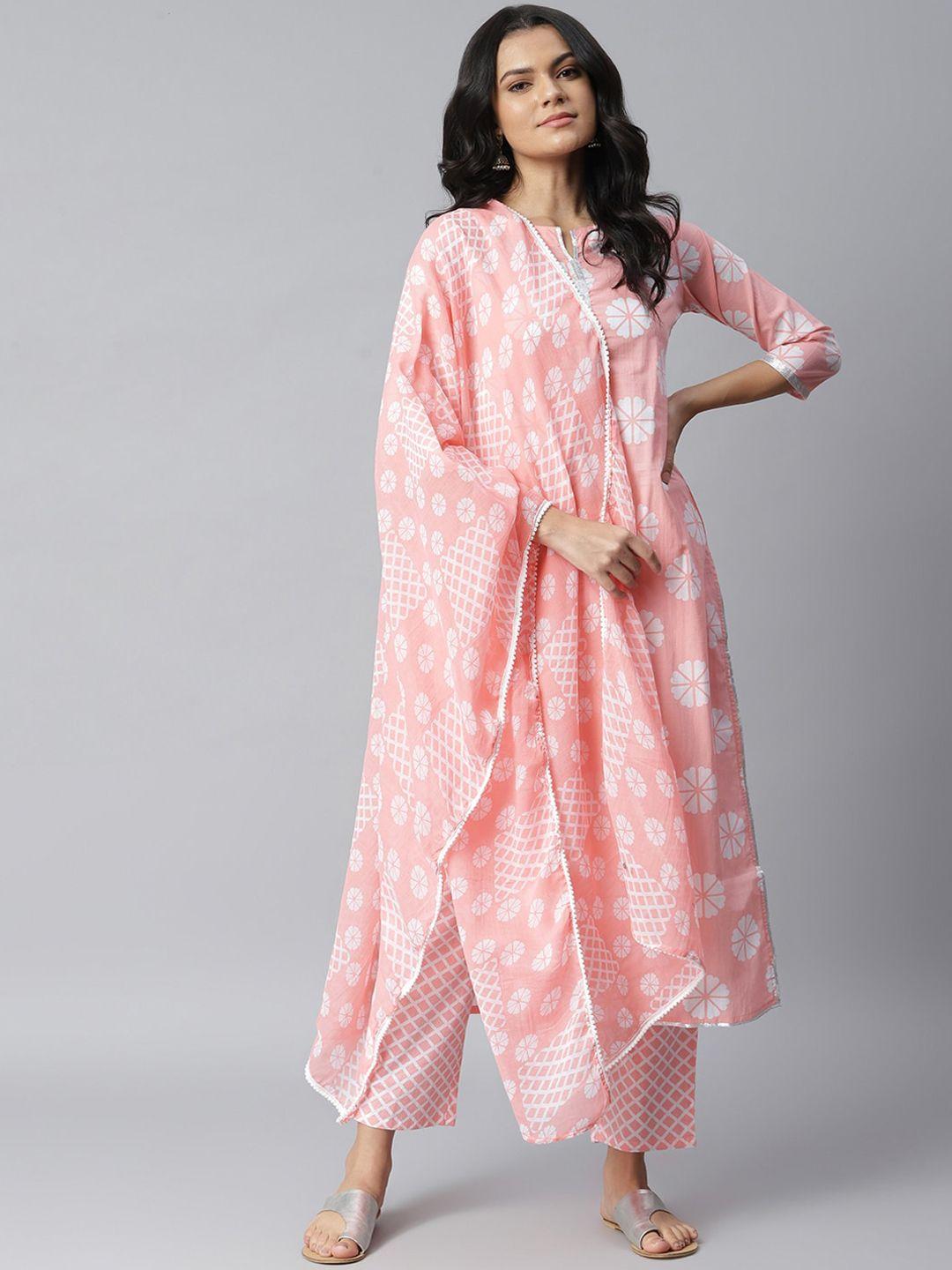 stylum women pink ethnic motifs printed pure cotton kurta with trousers & dupatta