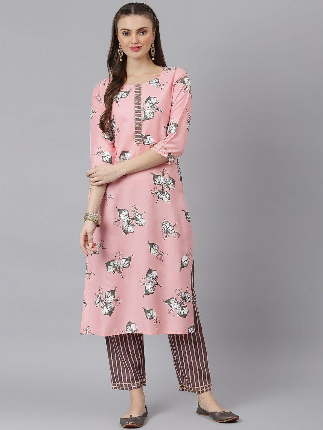 stylum women pink floral printed kurta with trousers