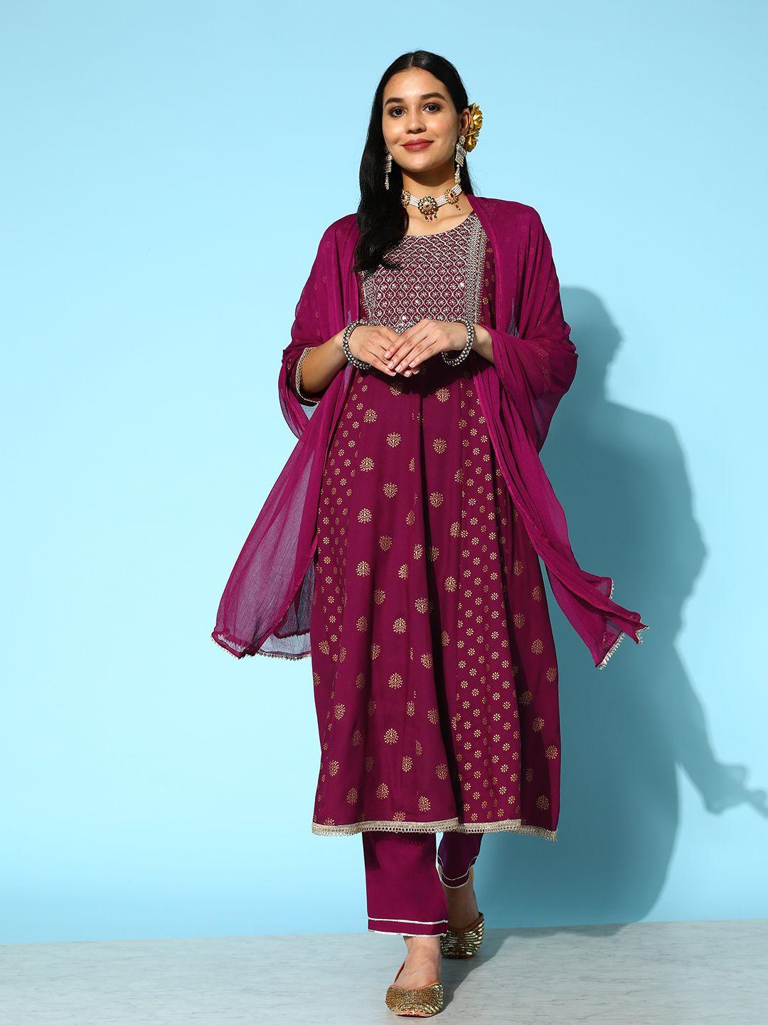 stylum women purple ethnic motifs printed empire kurta with trousers & with dupatta