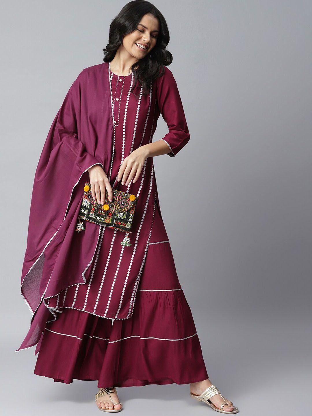 stylum women purple printed kurta with sharara & dupatta