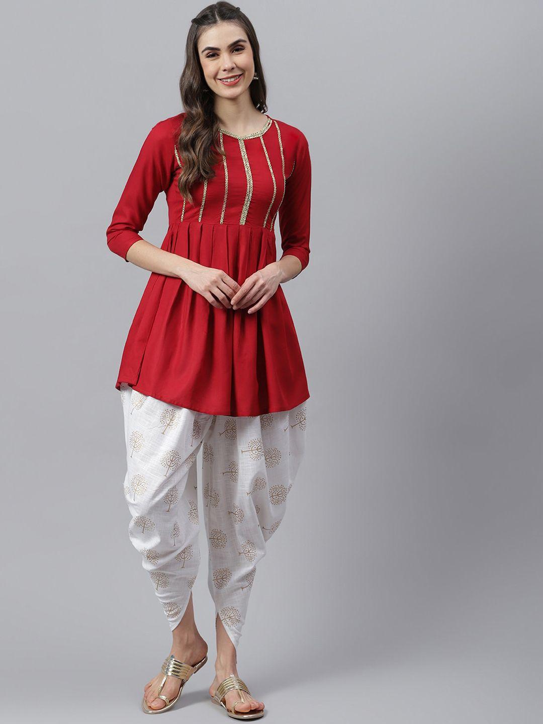 stylum women red yoke design pleated thread work kurta with dhoti pants
