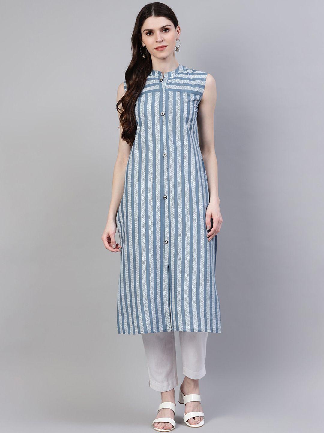 stylum women striped band collar sleeveless pure cotton kurta