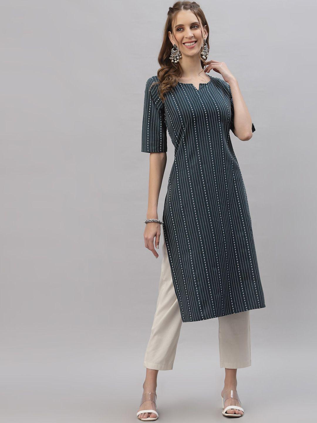 stylum women teal striped thread work dobby kurta