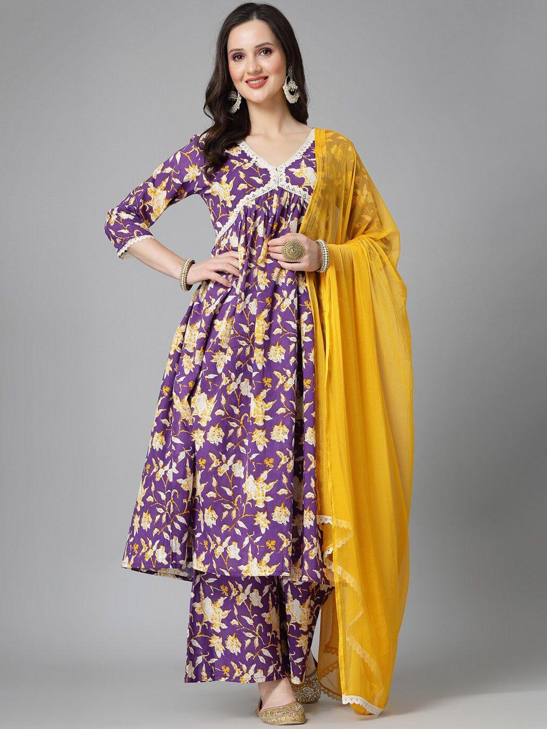 stylum women violet floral printed empire pure cotton kurta with palazzos & with dupatta