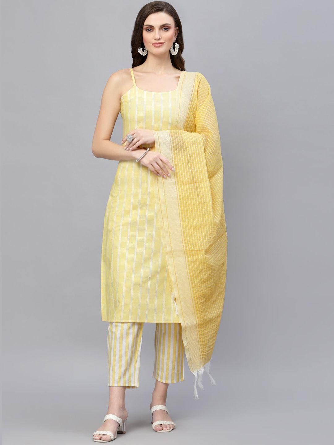 stylum women yellow striped pleated kurti with trousers & with dupatta