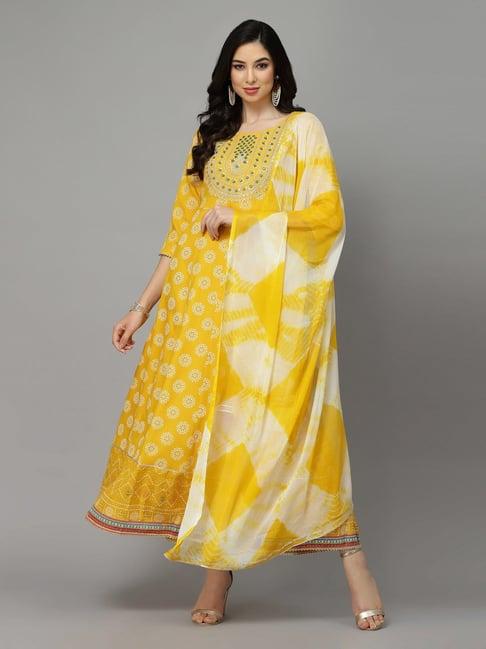 stylum yellow embroidered maxi dress with dupatta