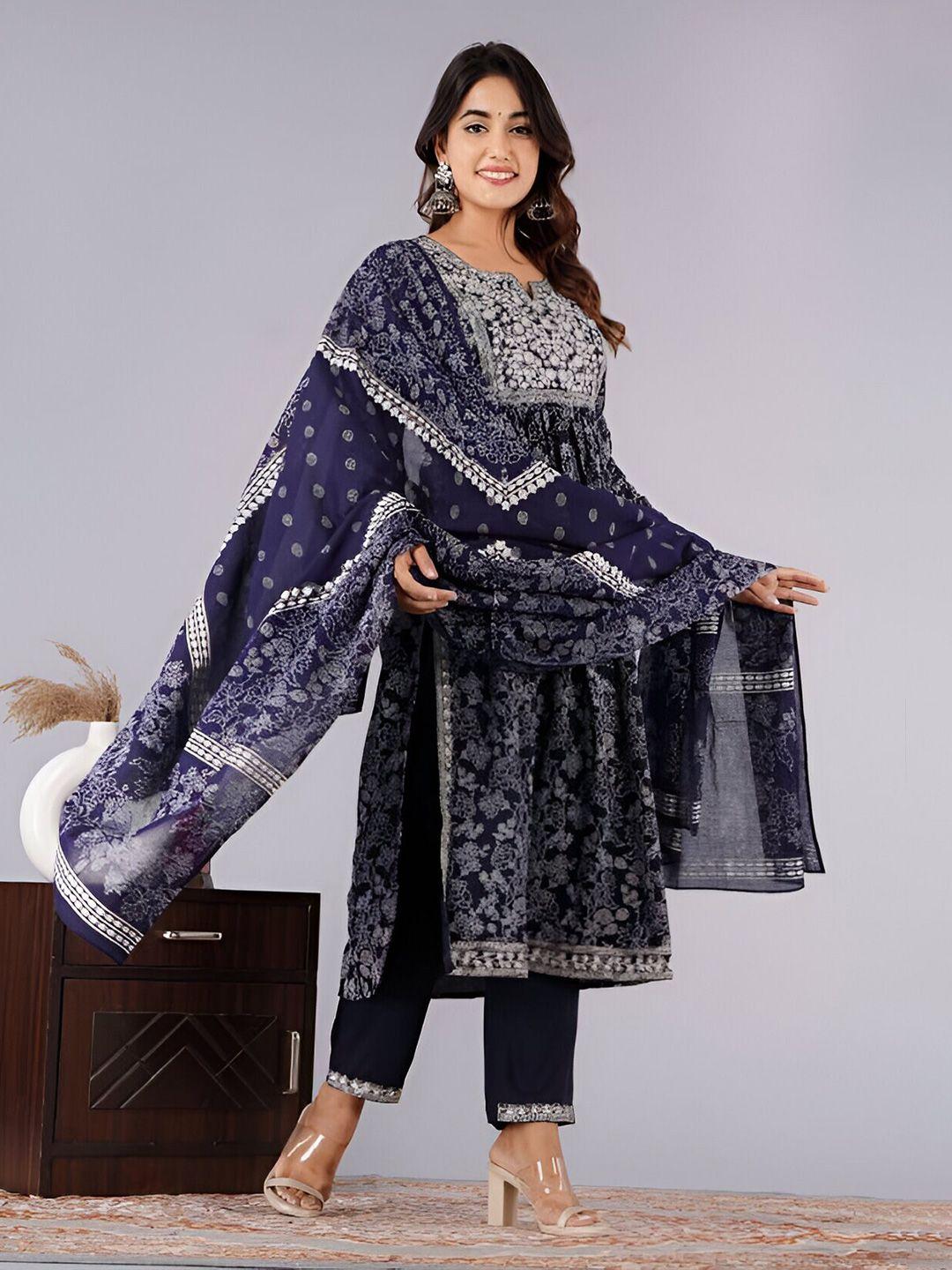 subh laxmi floral printed thread work a-line kurta with trousers & dupatta