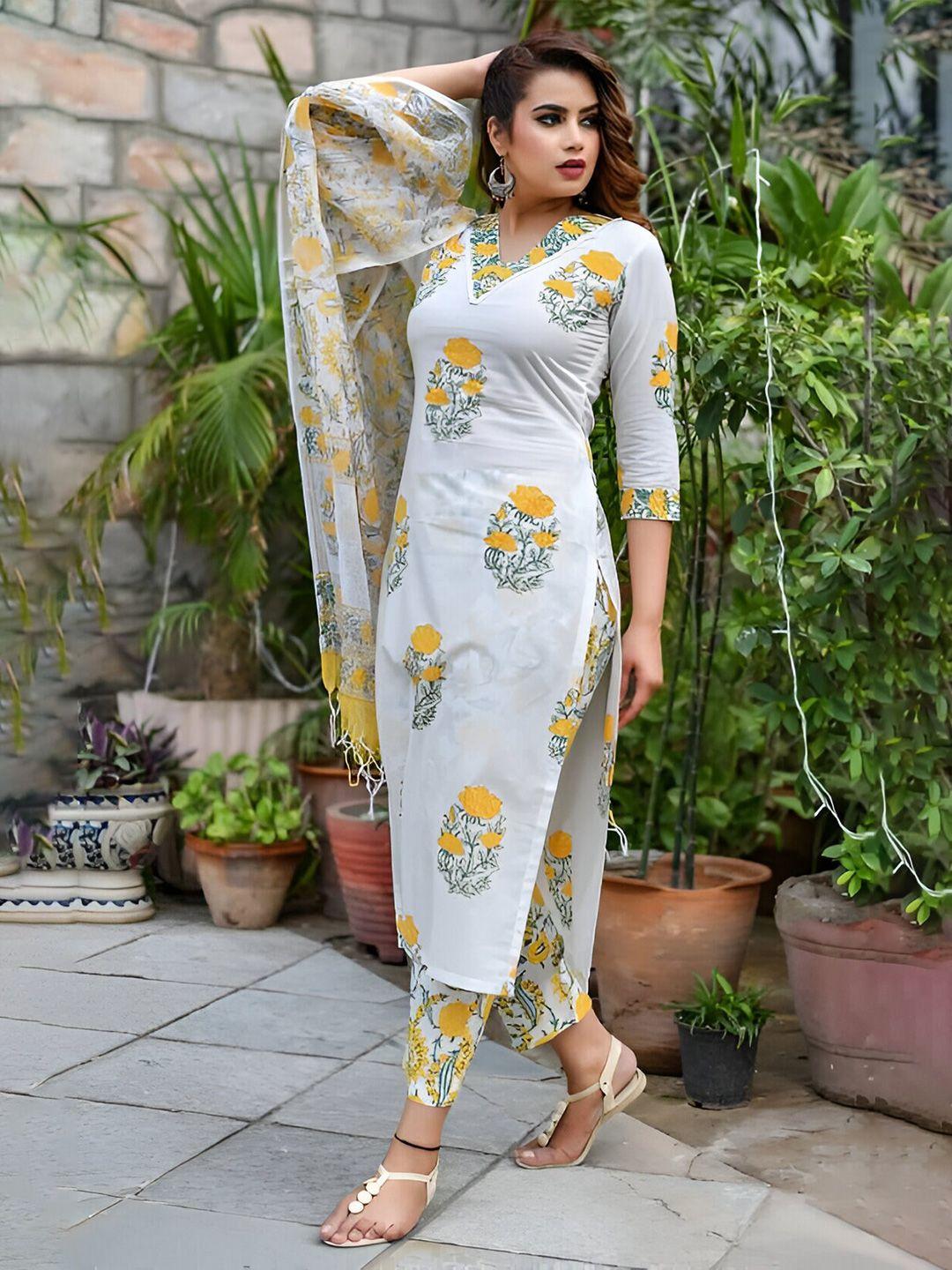 subh laxmi floral printed thread work kurta with trousers & dupatta