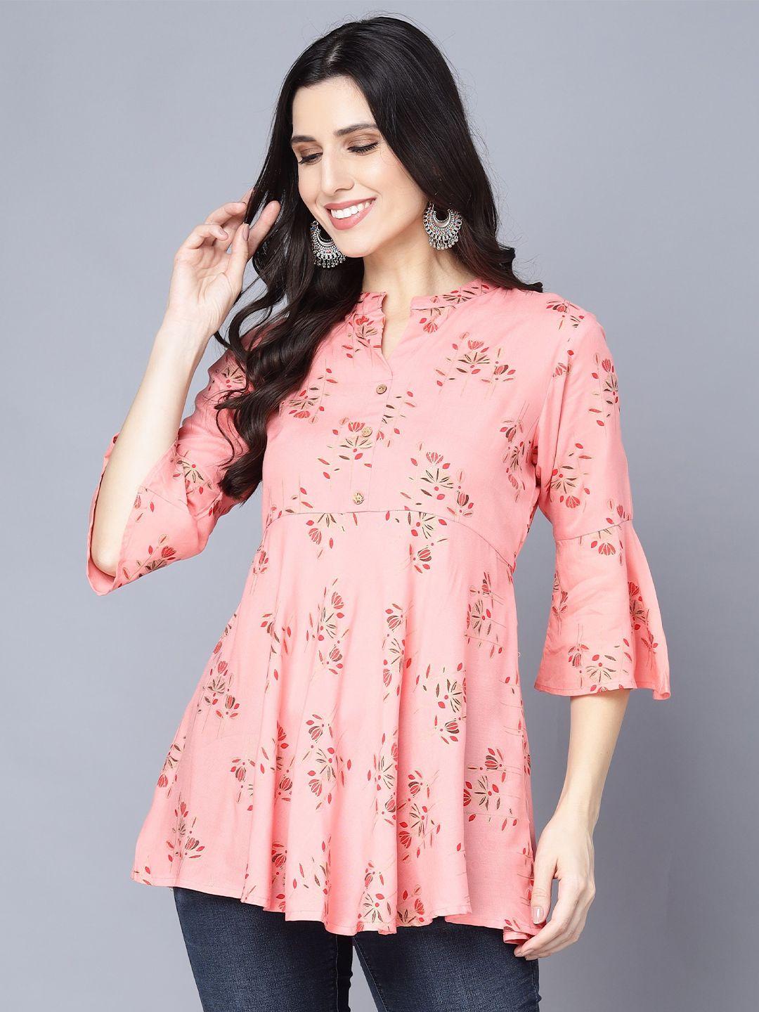subh laxmi peach-coloured floral print shirt style top