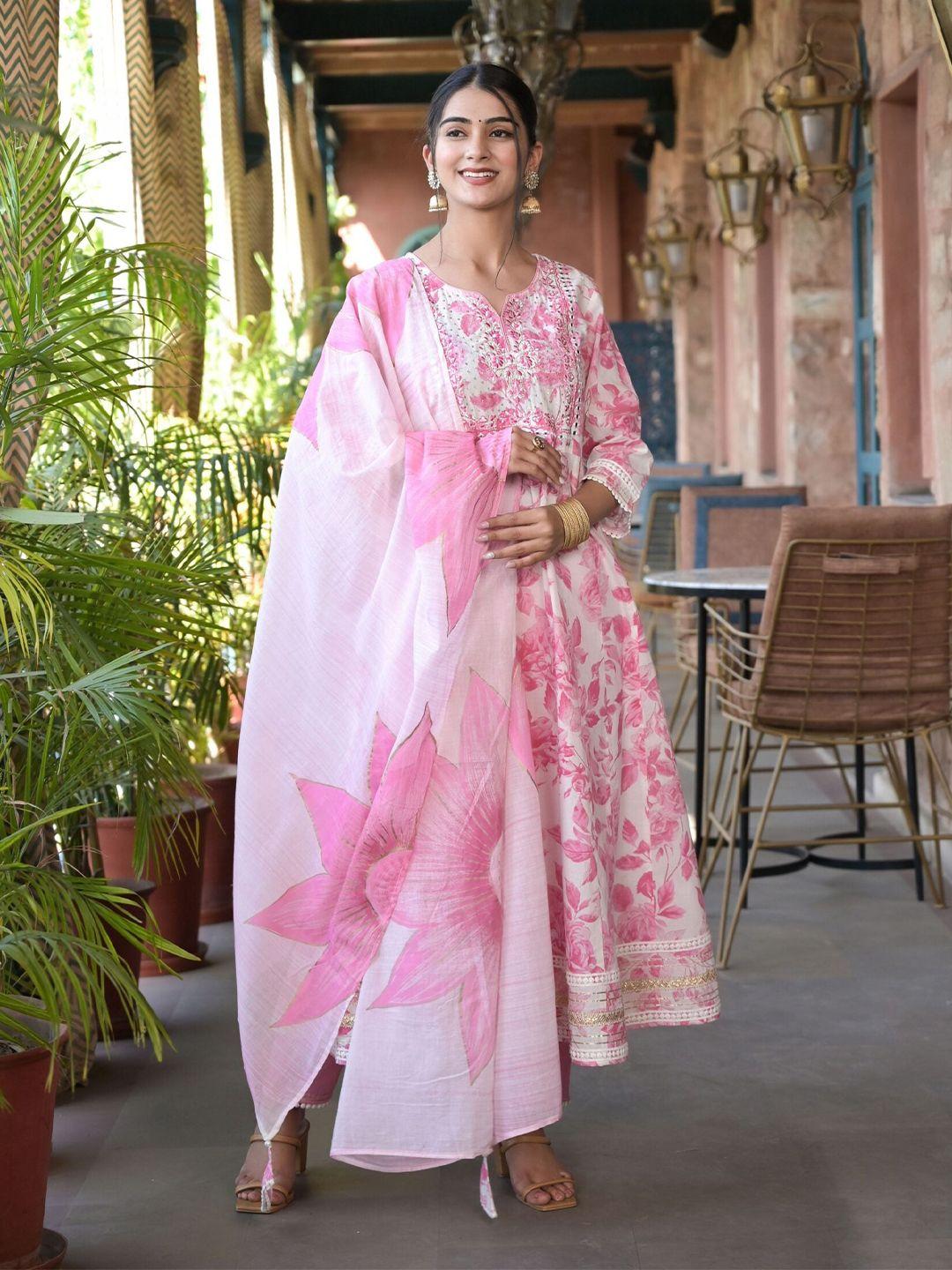 subh laxmi women pink floral printed regular mirror work kurta with trousers & with dupatta
