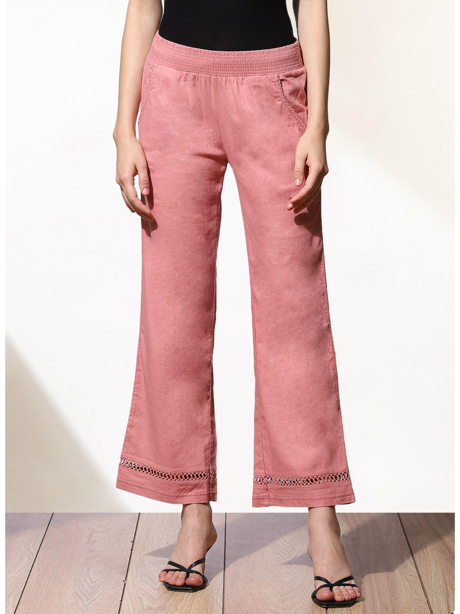 subtle rose red trousers with bell hem