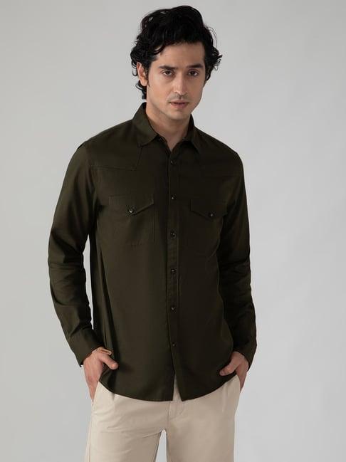 subtract olive regular fit cotton shirt