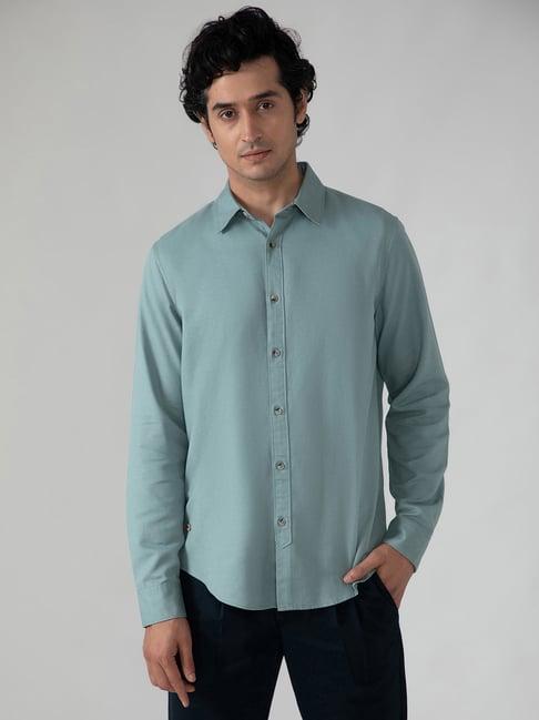 subtract sea green regular fit cotton shirt