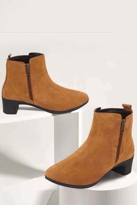 suede zipper women's casual boots - tan