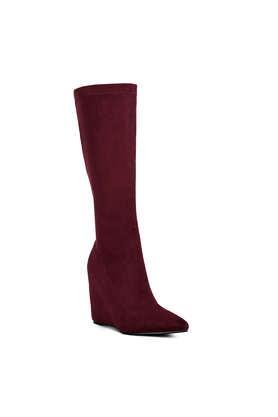 suede zipper women's party wear boots - burgundy