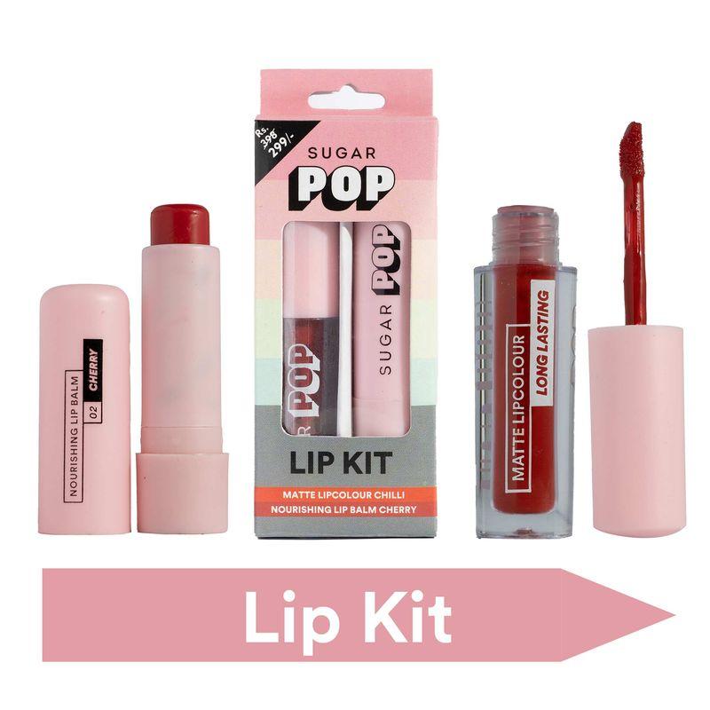sugar pop matte lipcolour - 01 chilli + nourishing lip balm - 02 cherry lip kit
