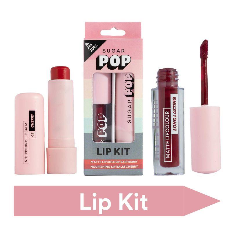 sugar pop matte lipcolour - 04 raspberry + nourishing lip balm - 02 cherry lip kit
