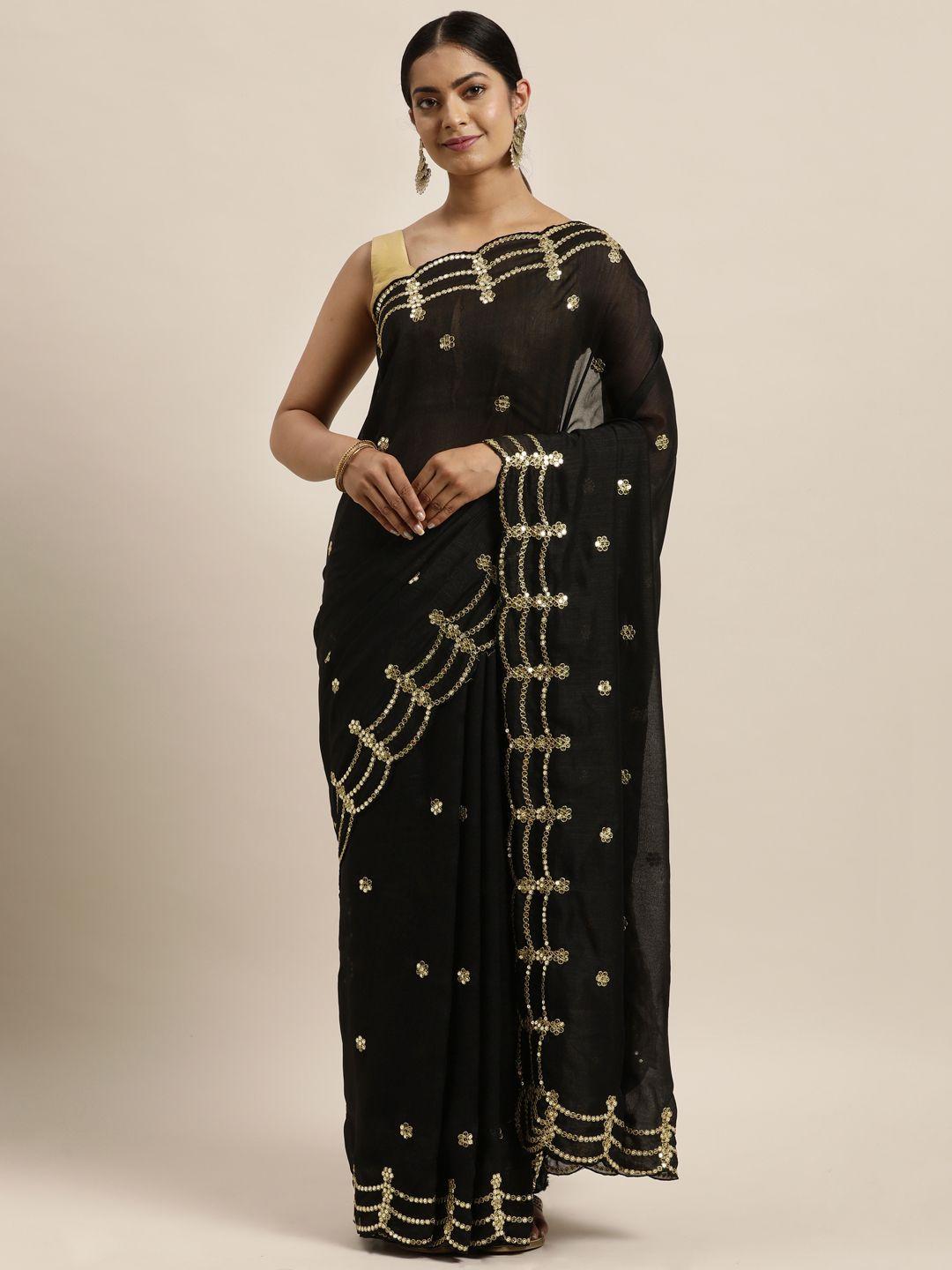 sugathari black & gold-toned embellished sequinned silk blend heavy work jamdani saree