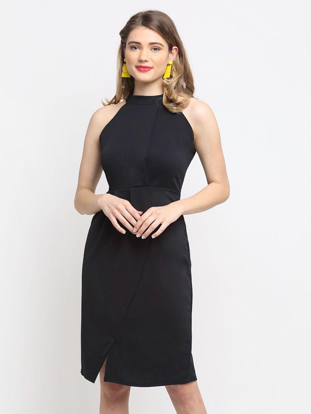 sugathari black solid halter neck sheath dress