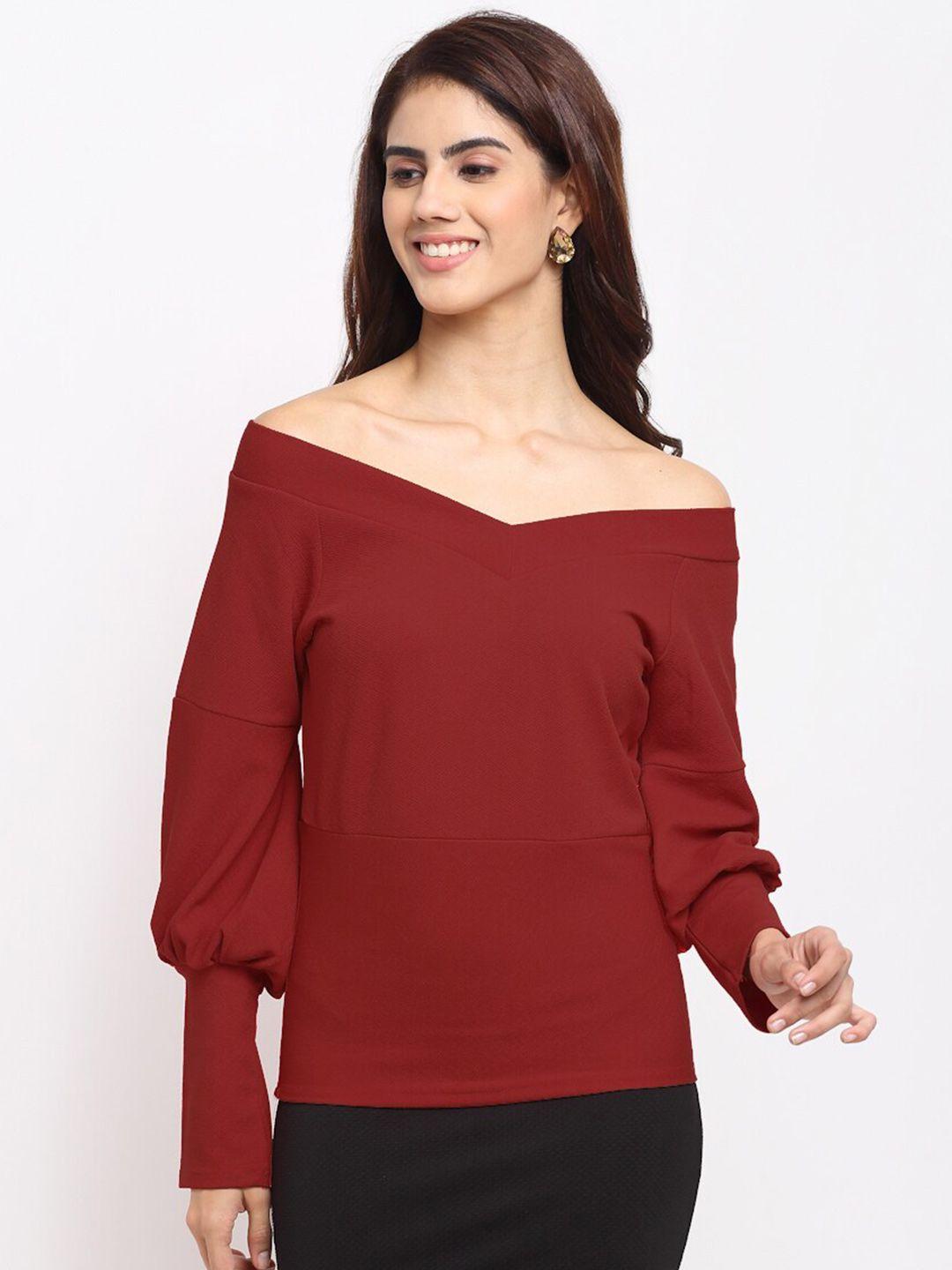 sugathari maroon off-shoulder bishop sleeves sheen bardot top