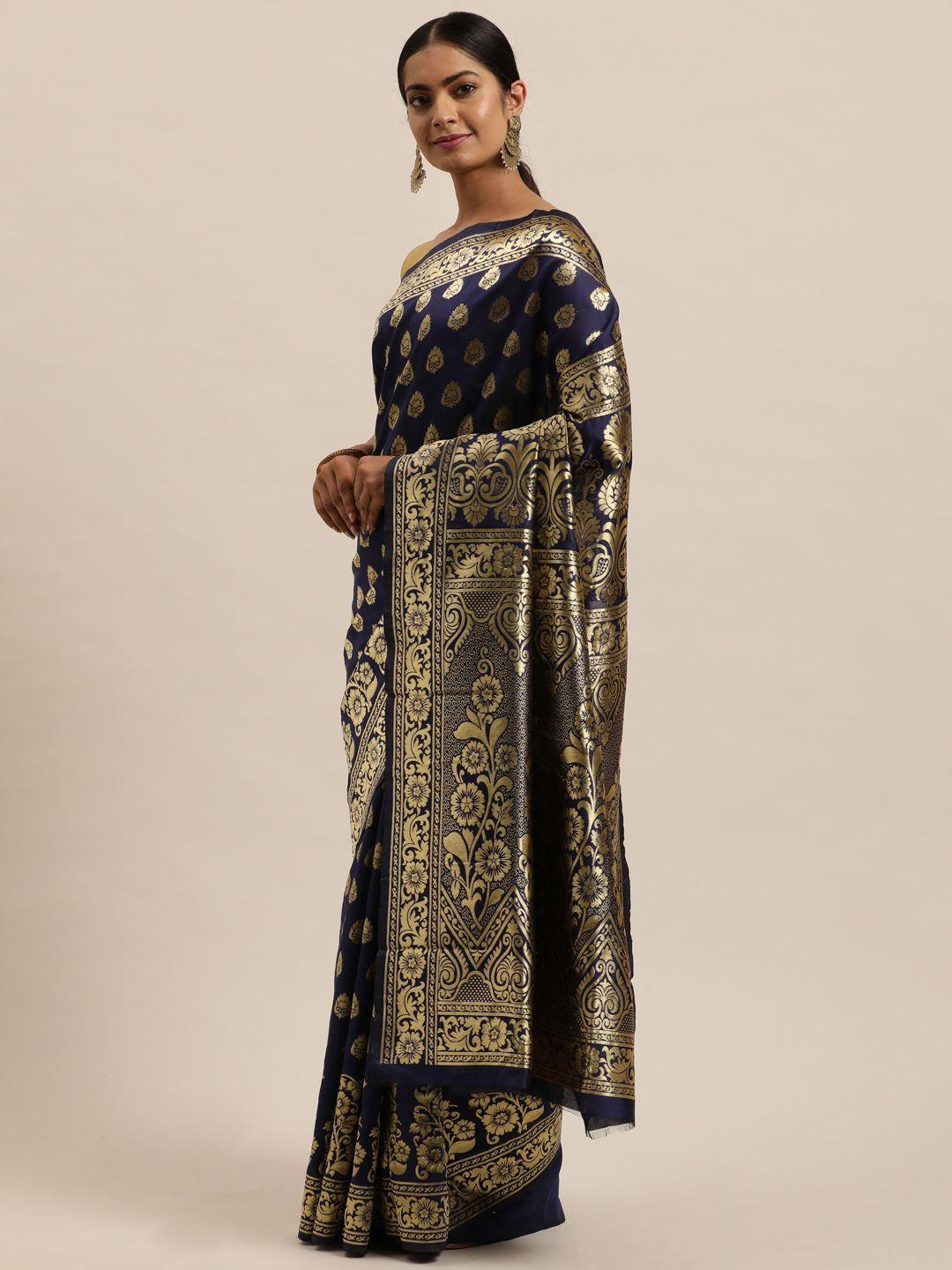 sugathari navy blue & gold ethnic motifs zari silk blend banarasi saree