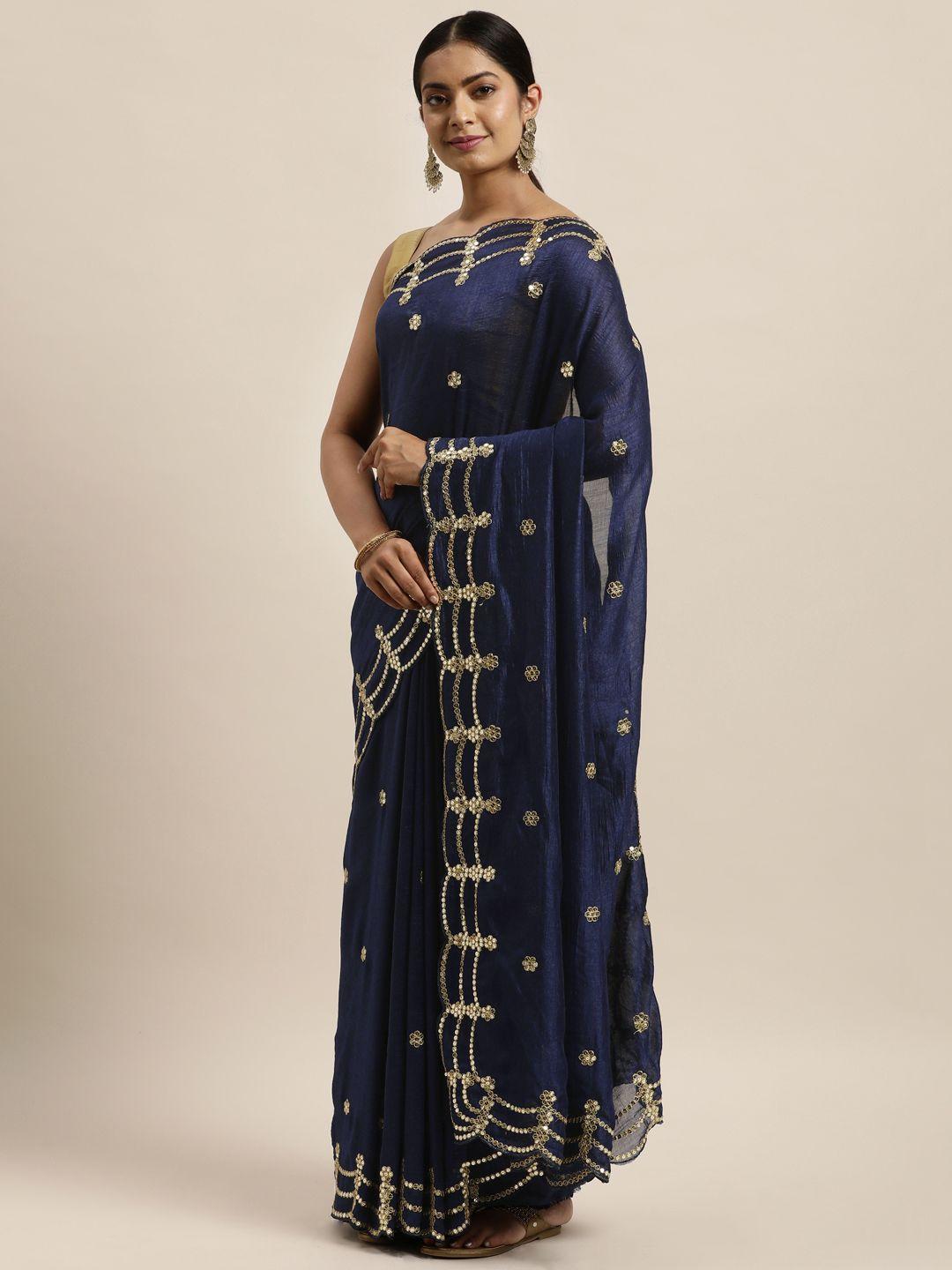 sugathari navy blue & gold-toned embellished sequinned silk blend heavy work jamdani saree