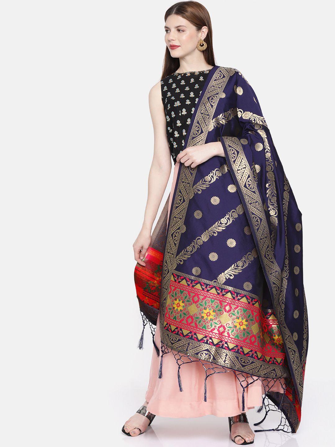 sugathari navy blue & golden woven design dupatta