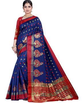 sugathari navy blue & red silk blend woven jacquard saree