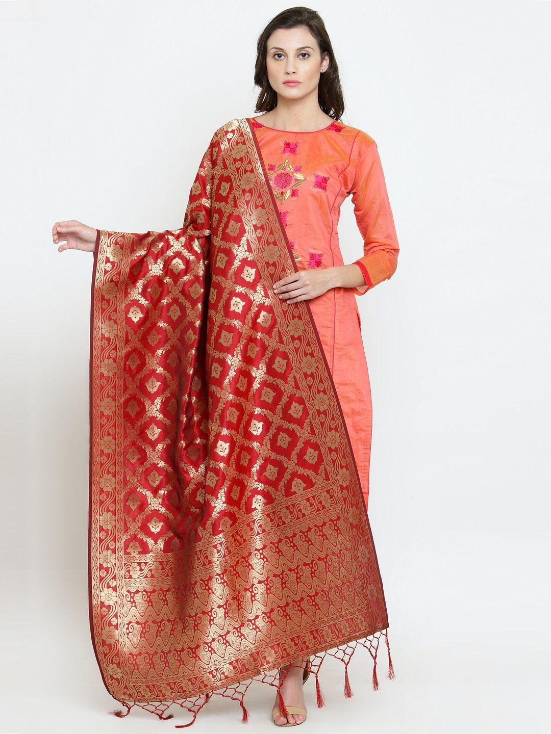 sugathari red & gold-toned woven design banarasi dupatta