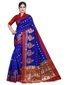 sugathari royal blue & red silk blend woven jacquard saree