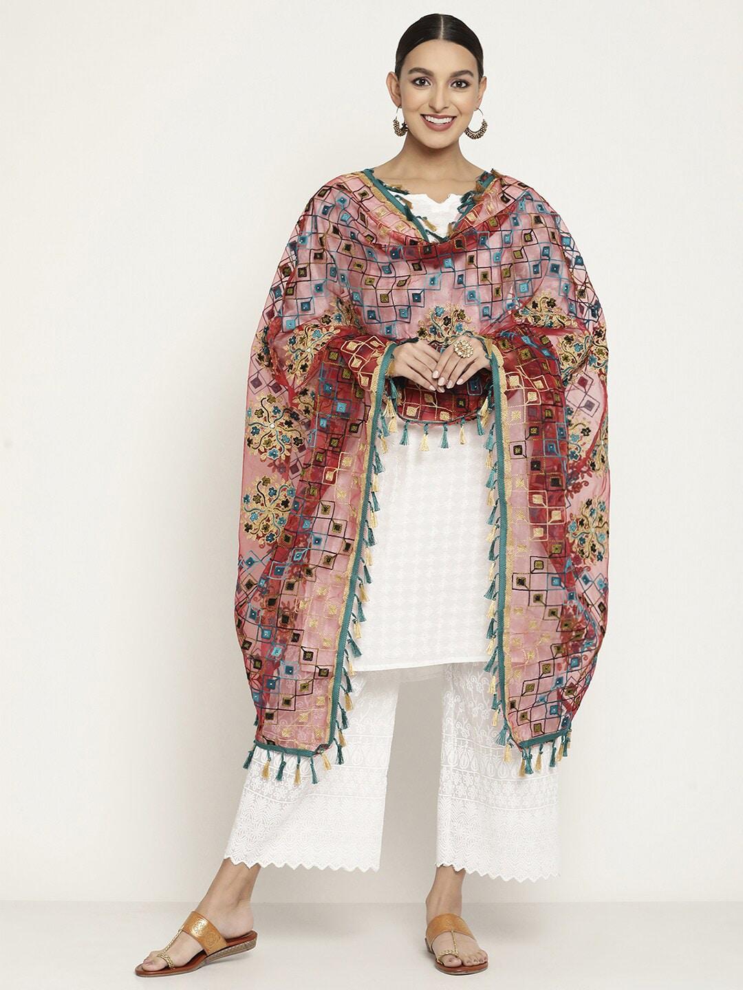 sugathari women maroon & blue ethnic motifs embroidered thread work dupatta