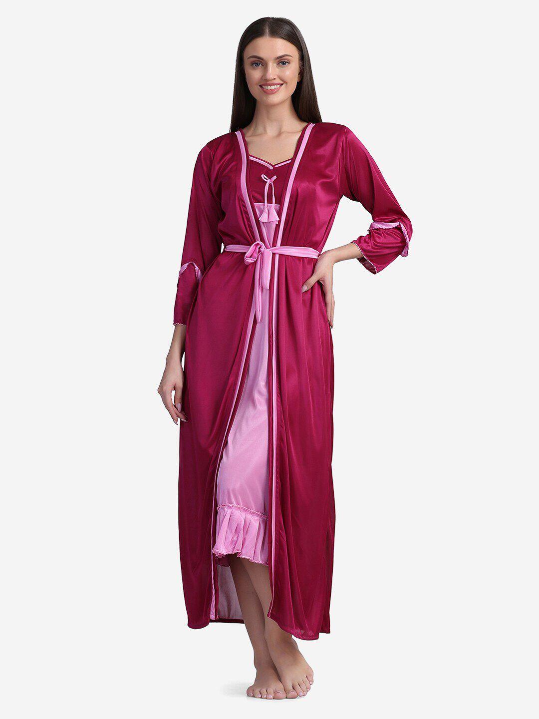 sugathari women pink colourblocked satin wrap night dress