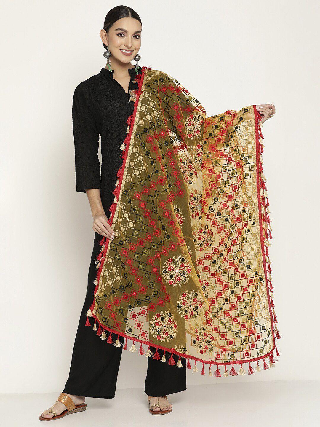 sugathari yellow & red embroidered dupatta with thread work