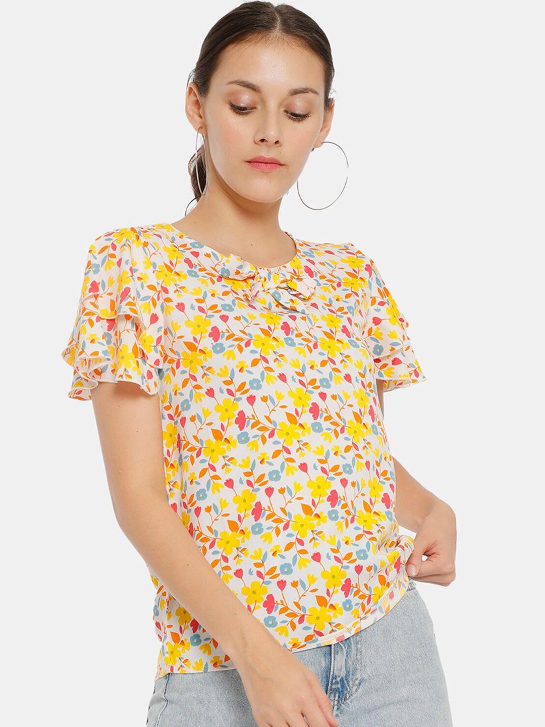 sugr off white & yellow floral printed regular top