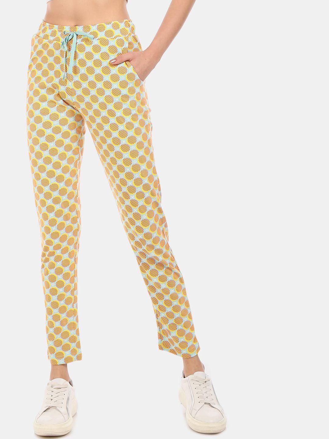 sugr women blue and yellow drawstring waist printed track pants