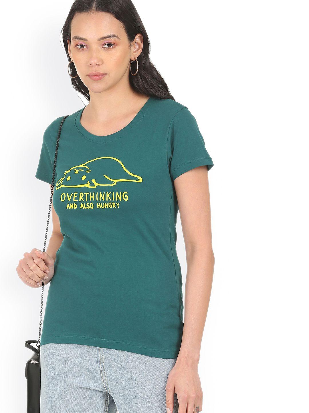 sugr women green typography printed t-shirt