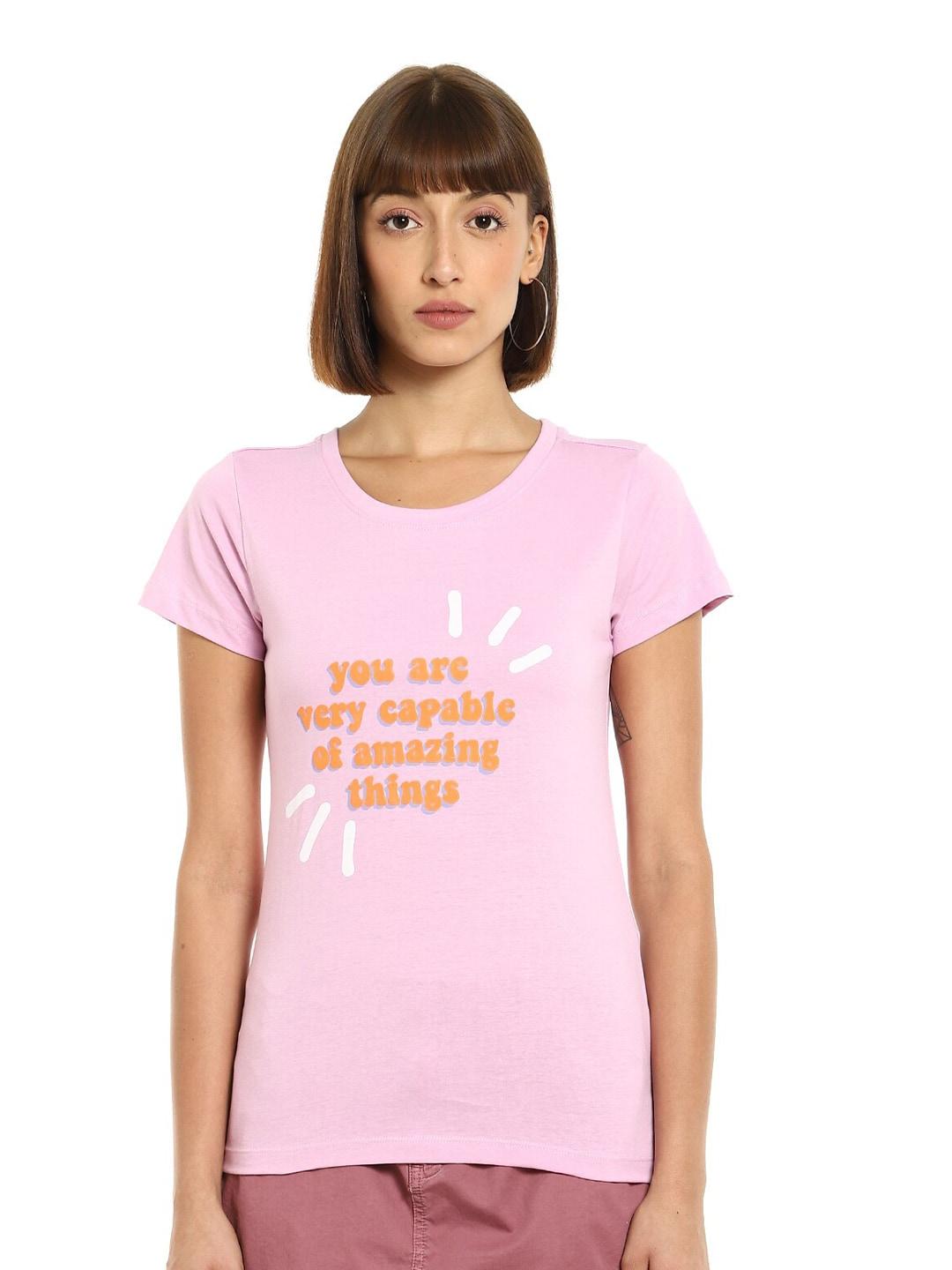 sugr women pink & orange typography printed t-shirt