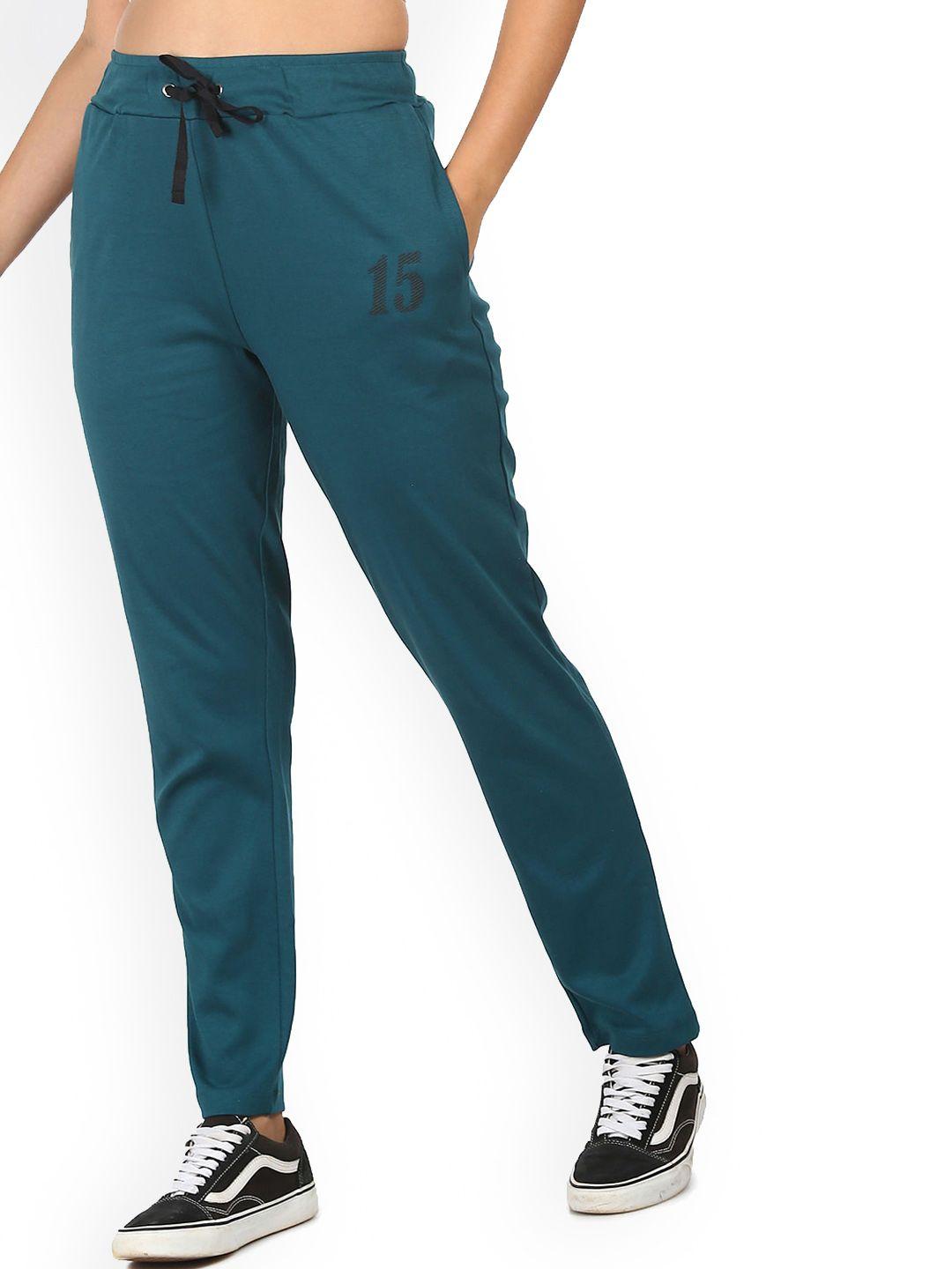 sugr women teal blue solid cotton track pants