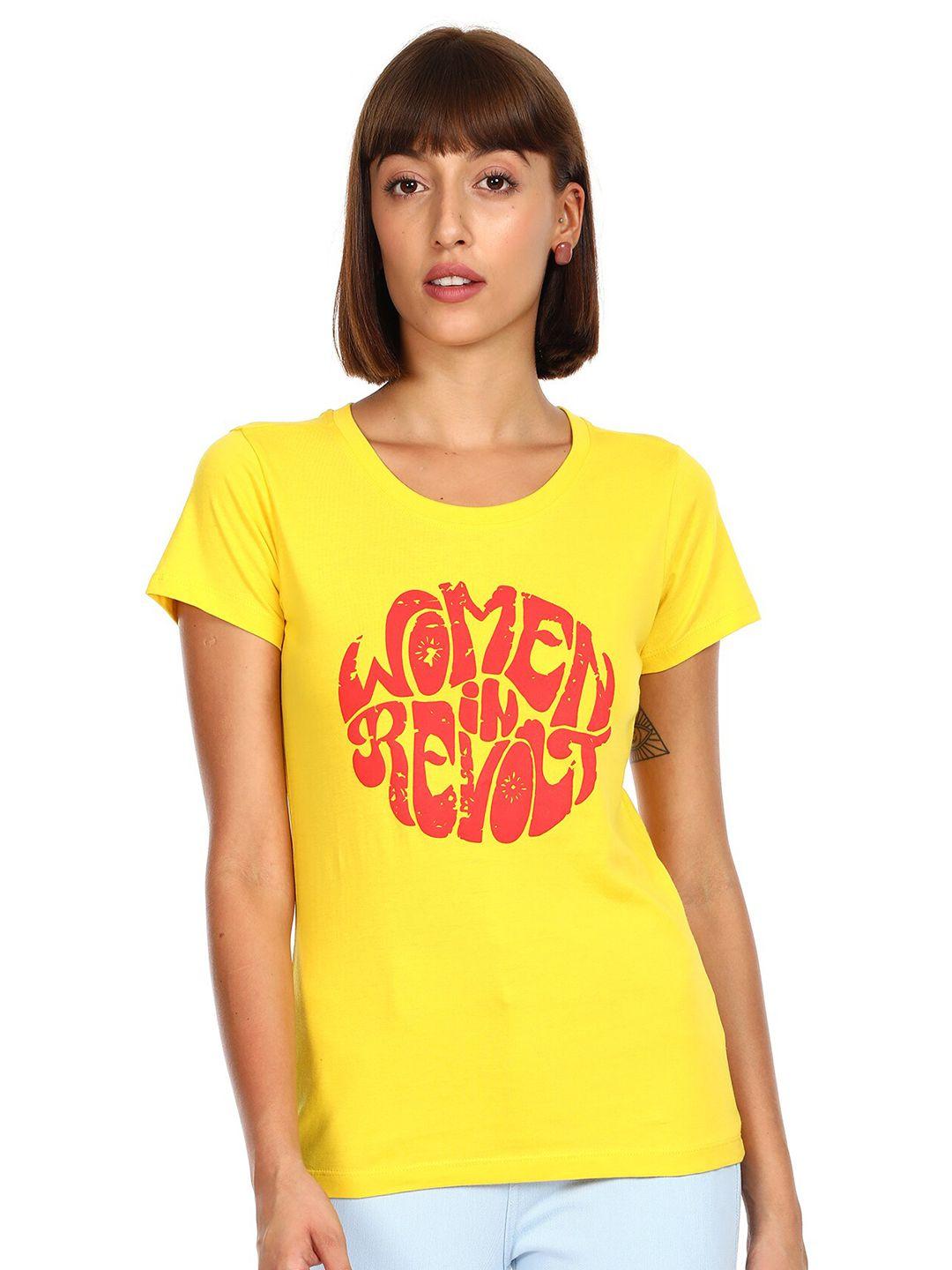 sugr women yellow  red typography printed cotton pure cotton t-shirt