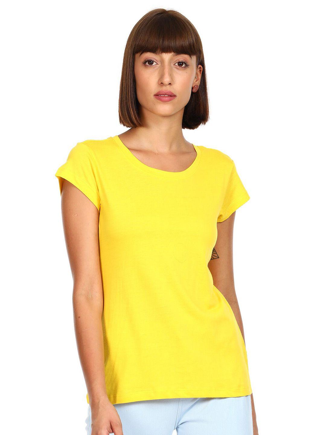 sugr women yellow cotton pure cotton t-shirt