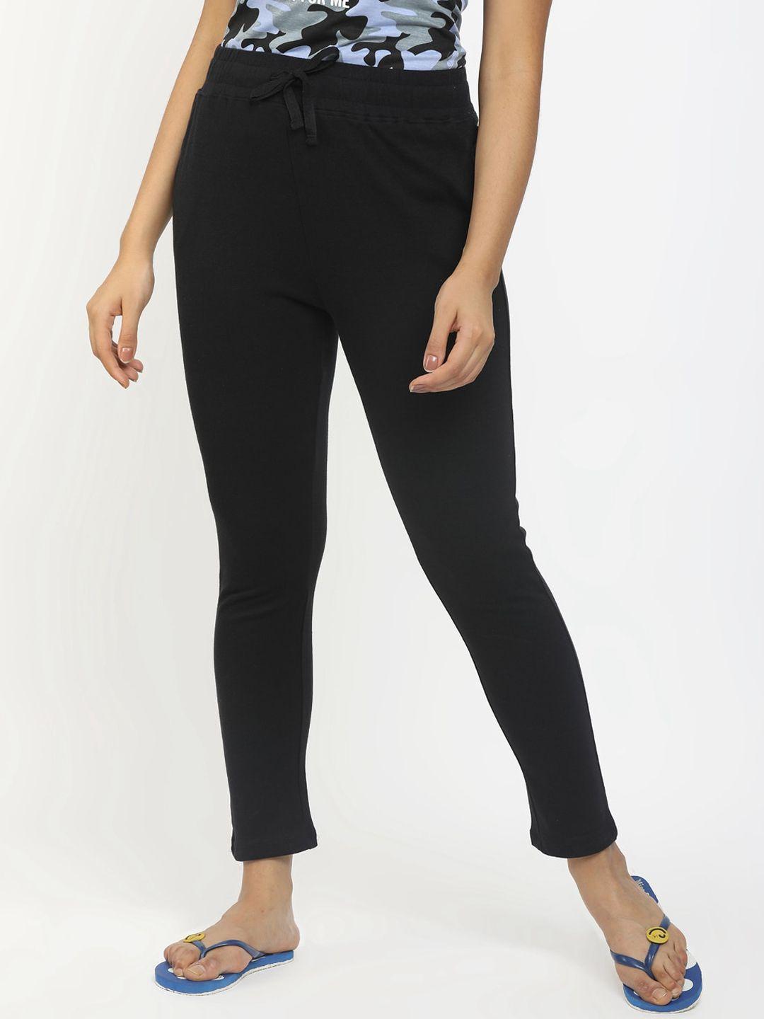 sugr women black solid mid-rise cotton lounge pants