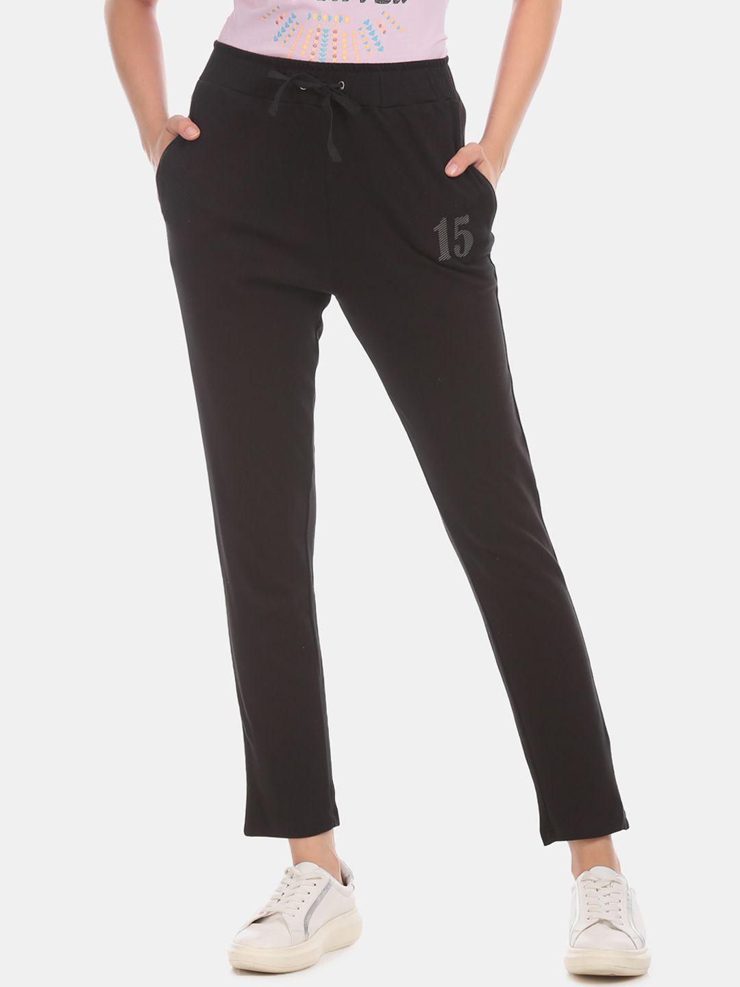 sugr women black solid straight-fit track pants