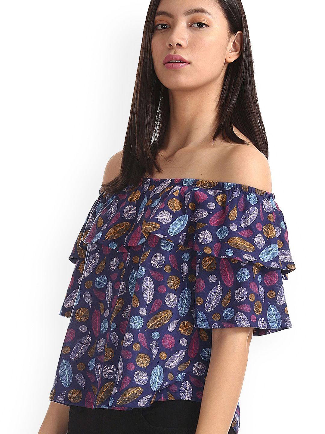 sugr women blue & purple printed bardot top