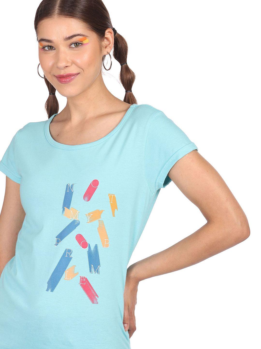 sugr women blue graphic printed cotton t-shirt
