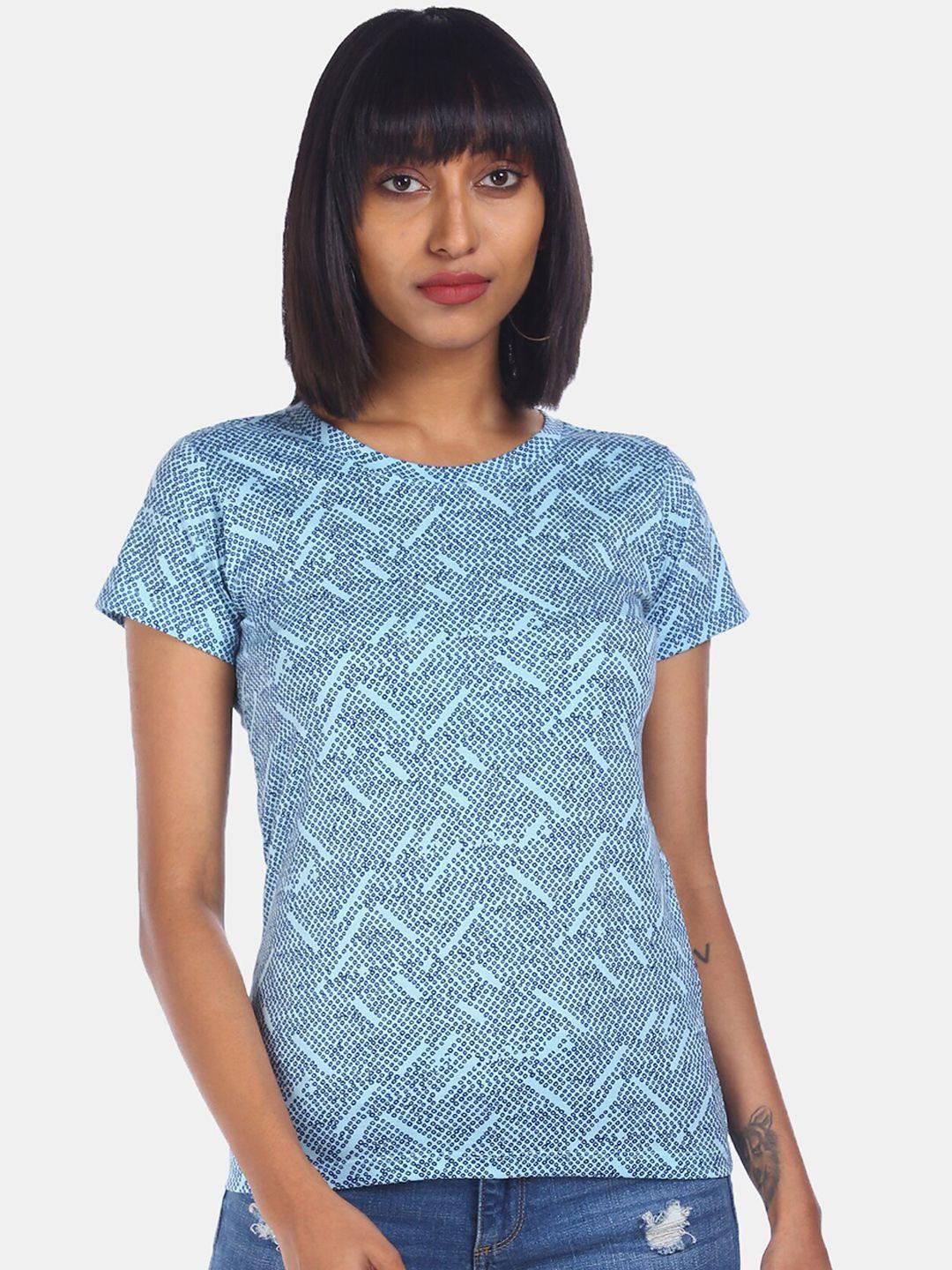 sugr women blue printed v-neck t-shirt
