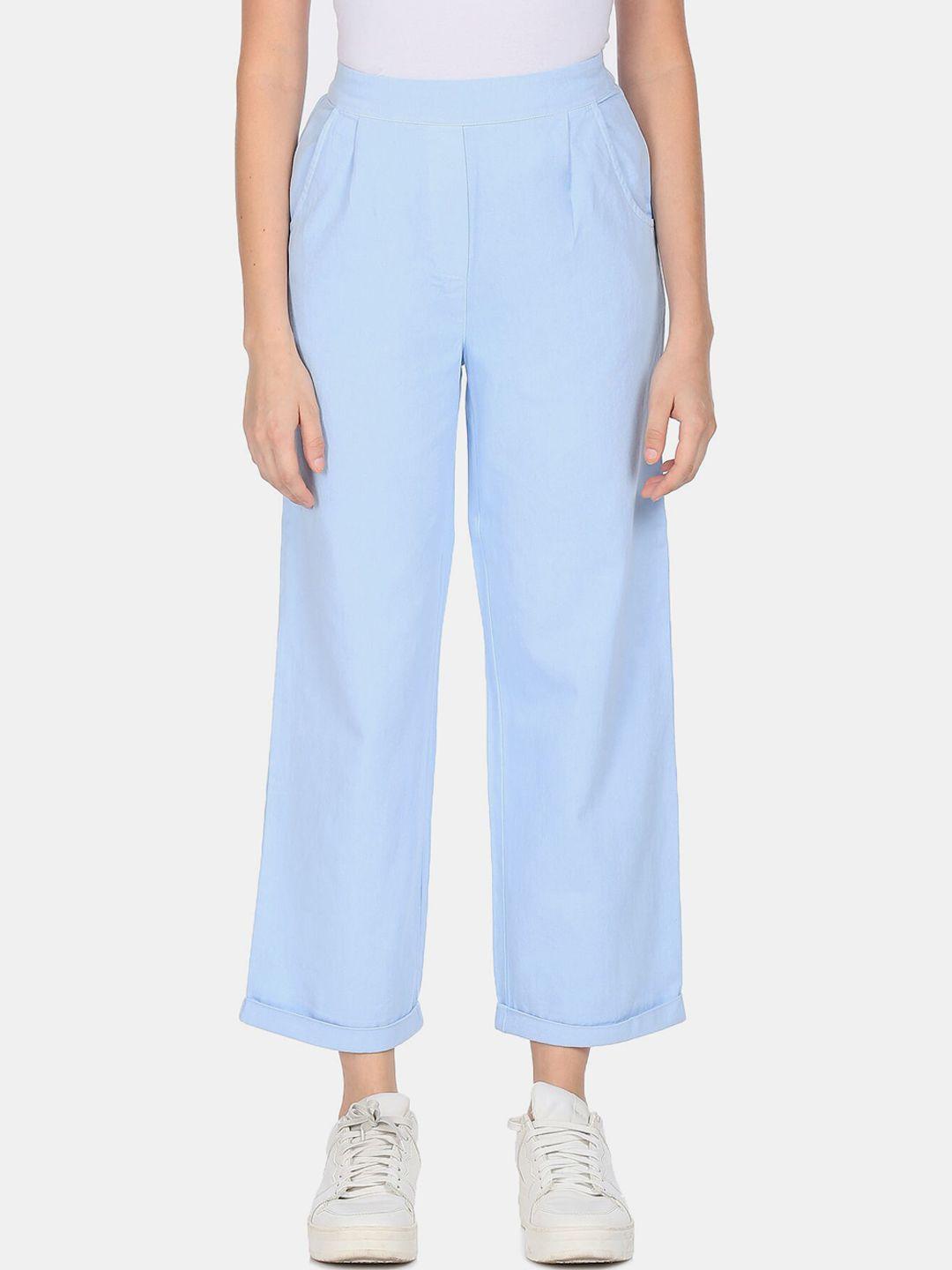 sugr women blue twill pure cotton parallel trousers