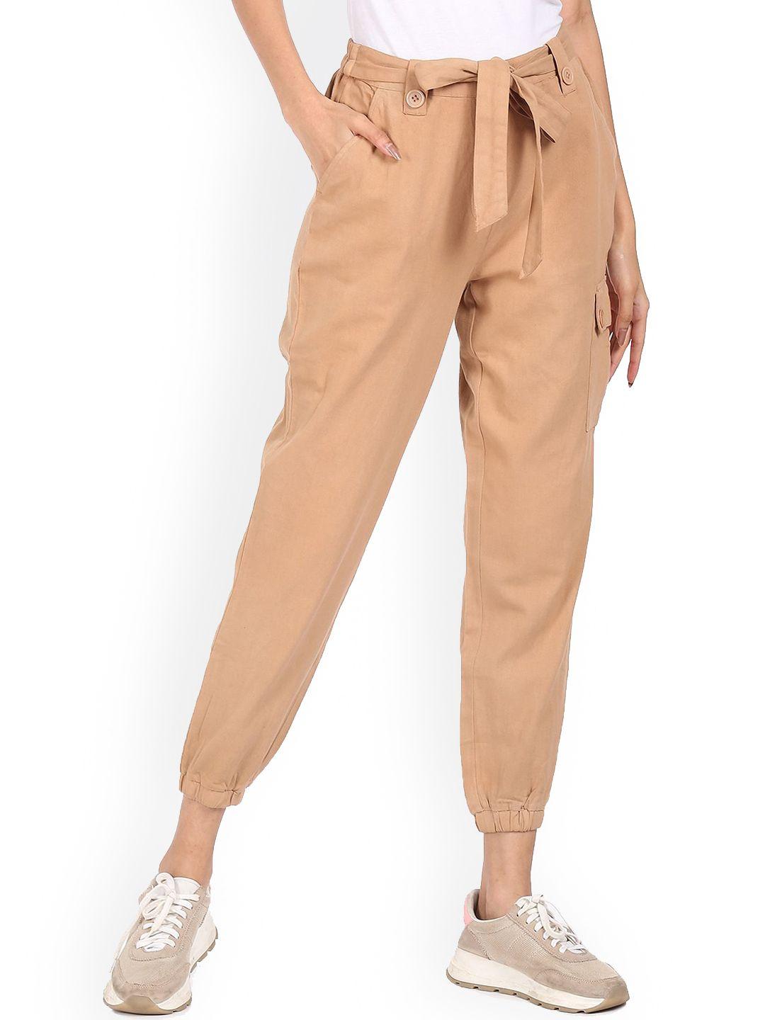 sugr women brown solid pure cotton straight-fit joggers
