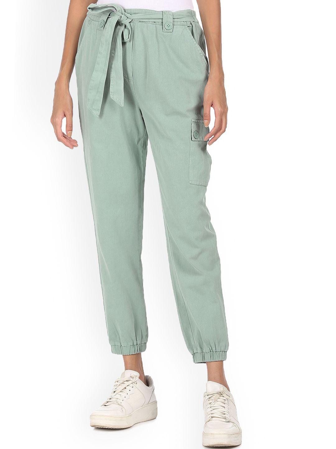 sugr women green cotton joggers trousers
